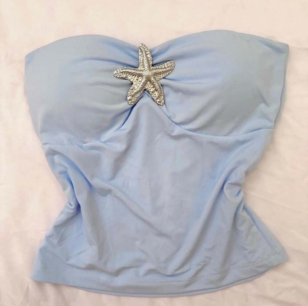 Baby blue strapless tube top with silver starfish🐚🩵